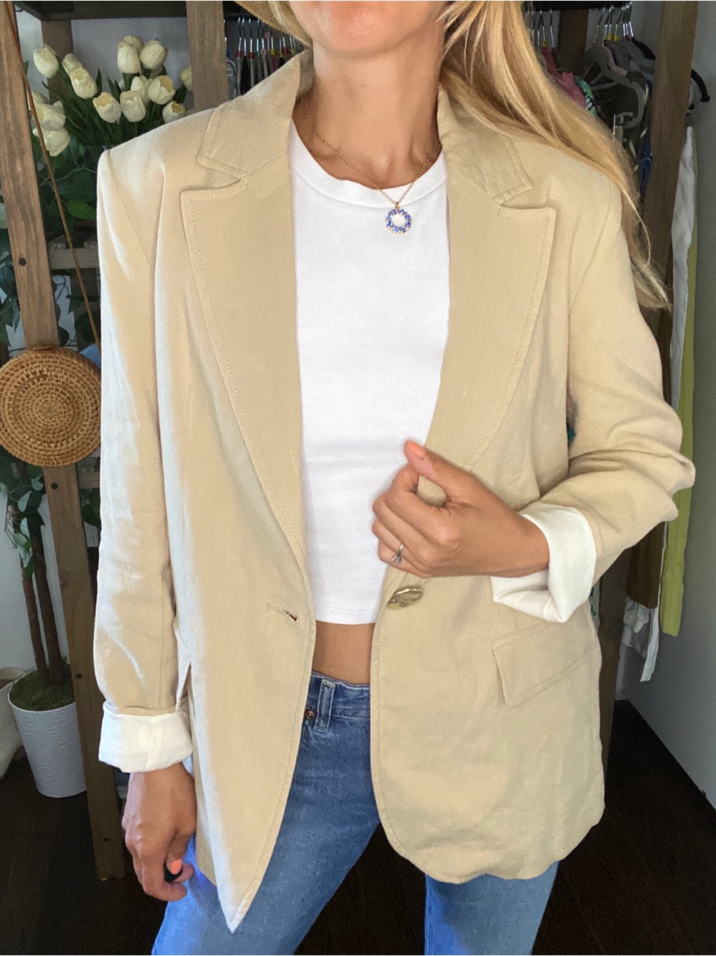 Zara Neutral Beige Linen-Blend Blazer Jacket!